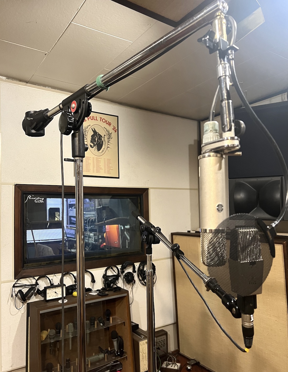 Nuemann and AKG condenser microphones in the live room at The Recording Center